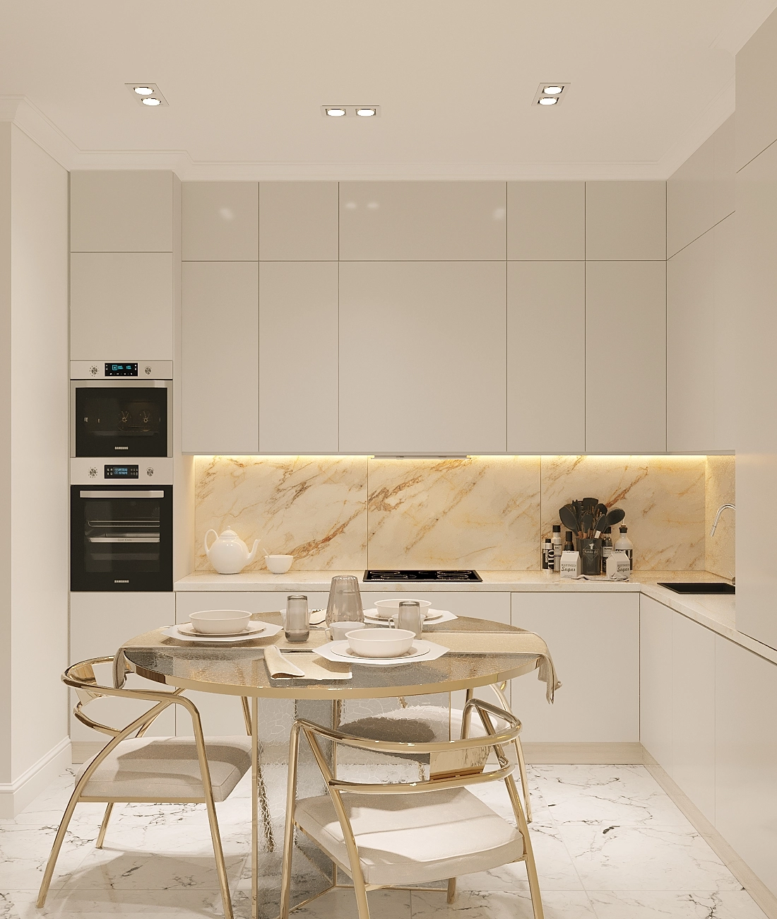 Compact modern kitchen render with glossy cabinets, marble backsplash, built-in ovens, and glass dining table.