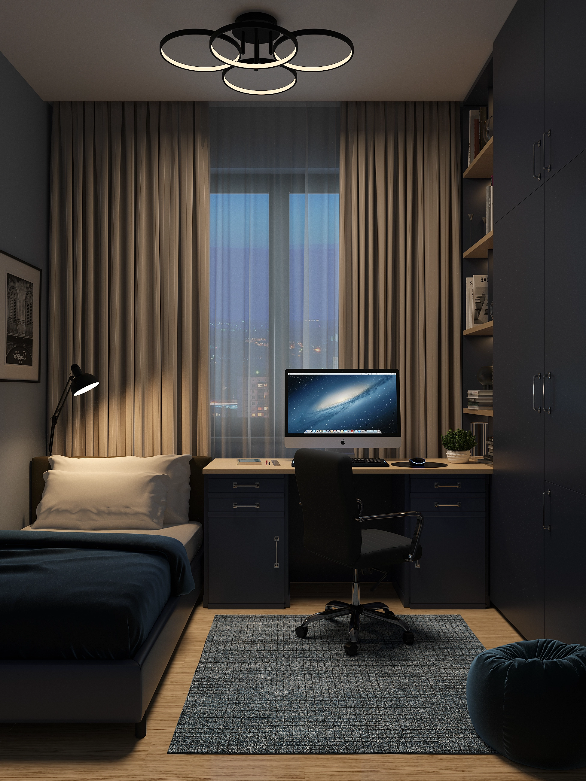 Dark blue bedroom workspace render with single bed, computer desk, storage cabinets, curtains, and ceiling light.