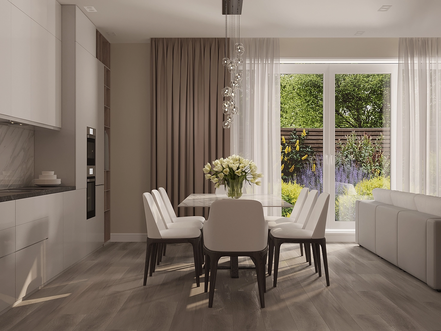 Neutral kitchen and dining area render with marble table, upholstered chairs, pendant lighting, and garden view.