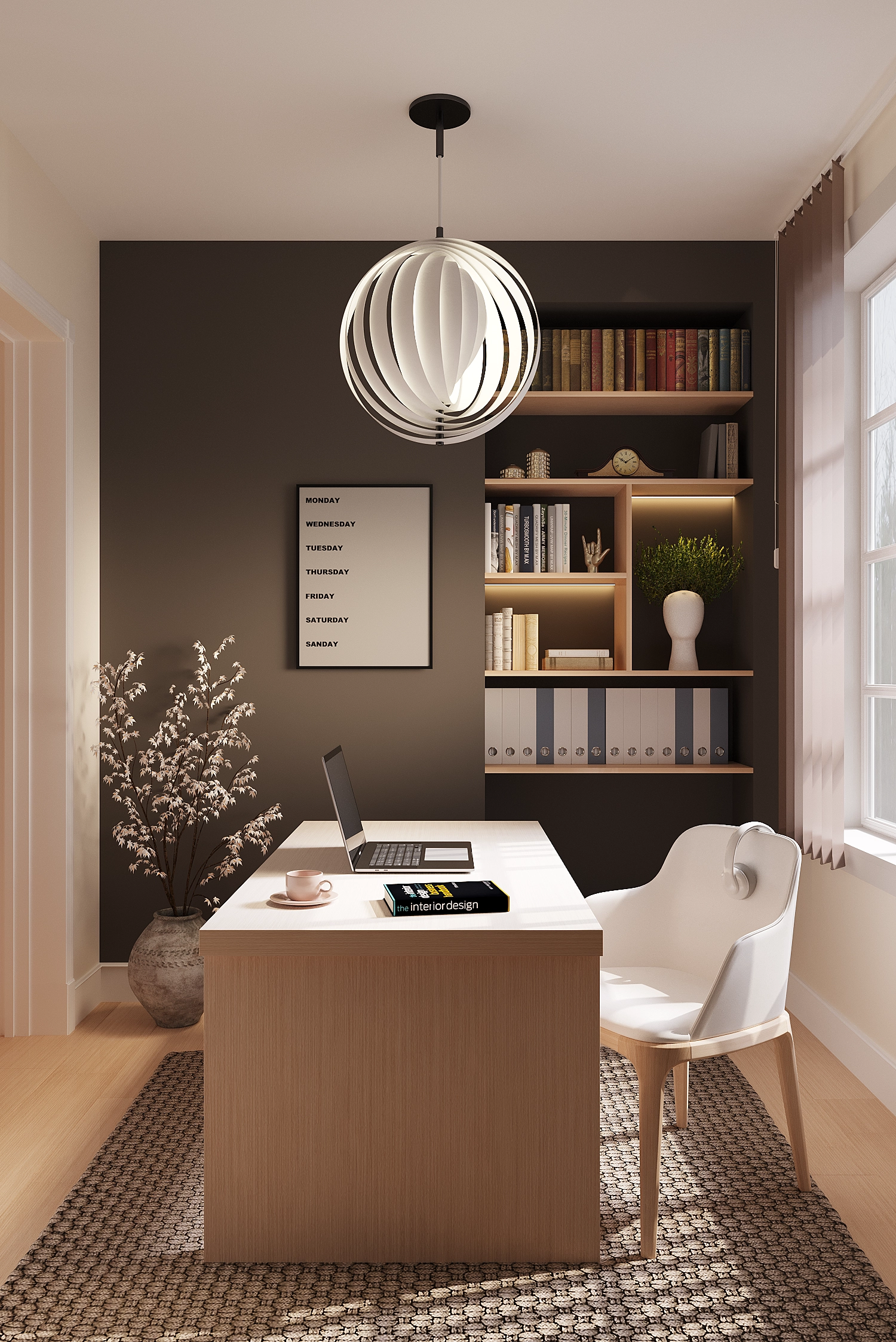 Warm home office render with wood desk, dark wall, shelves, laptop, pendant light, and window.