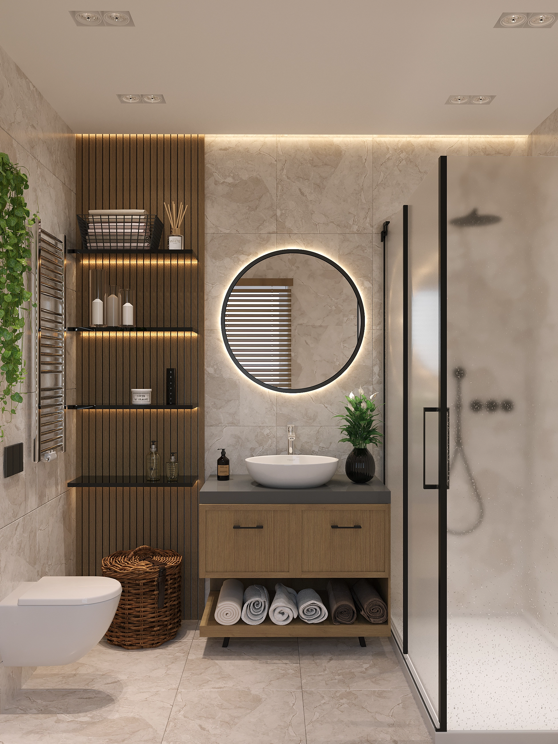Modern bathroom render with marble walls, wood shelving, round backlit mirror, vanity, towels, and glass shower.