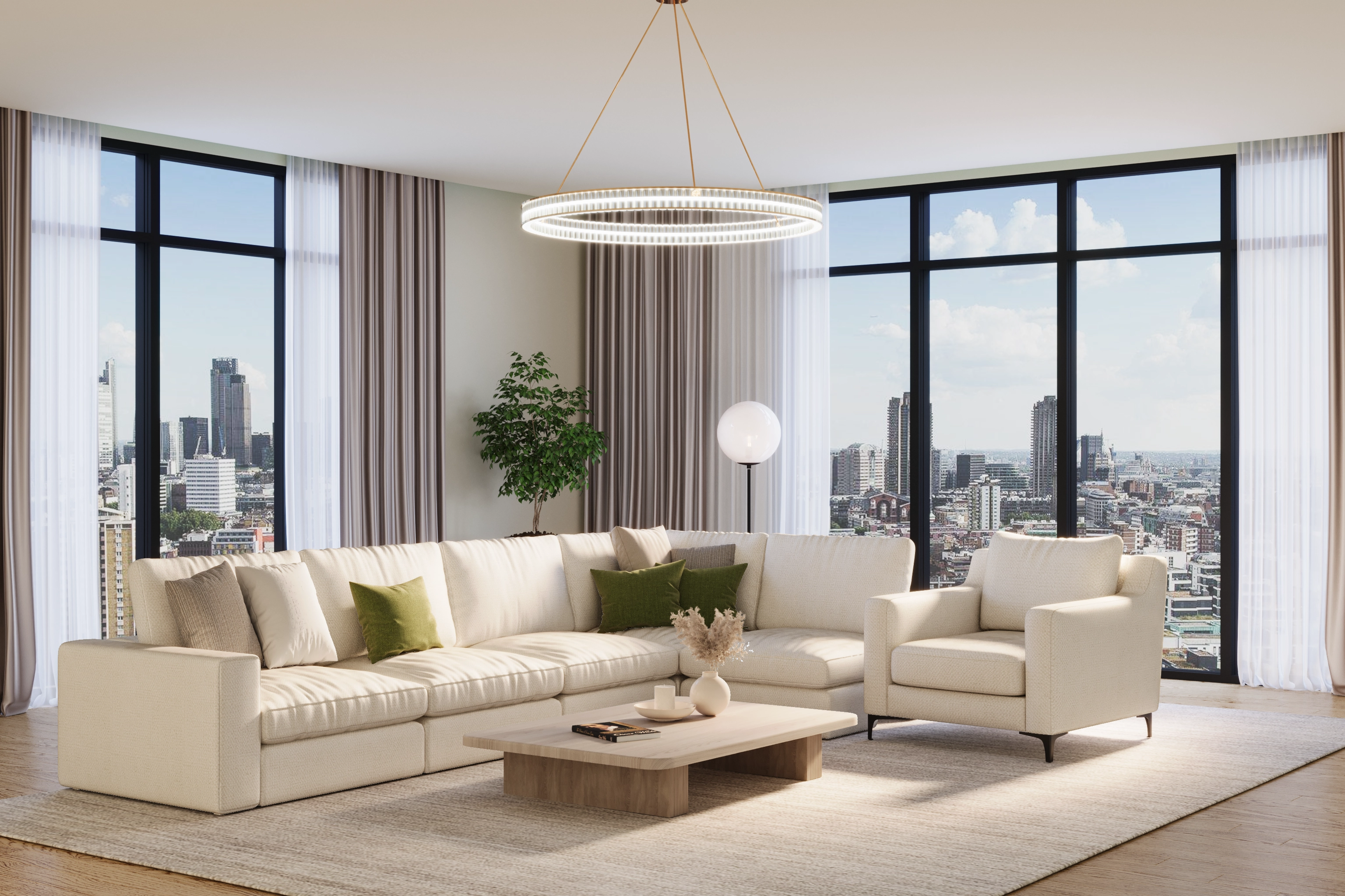 Contemporary cream living room render with sectional sofa, armchair, coffee table, ring pendant light, and city view.