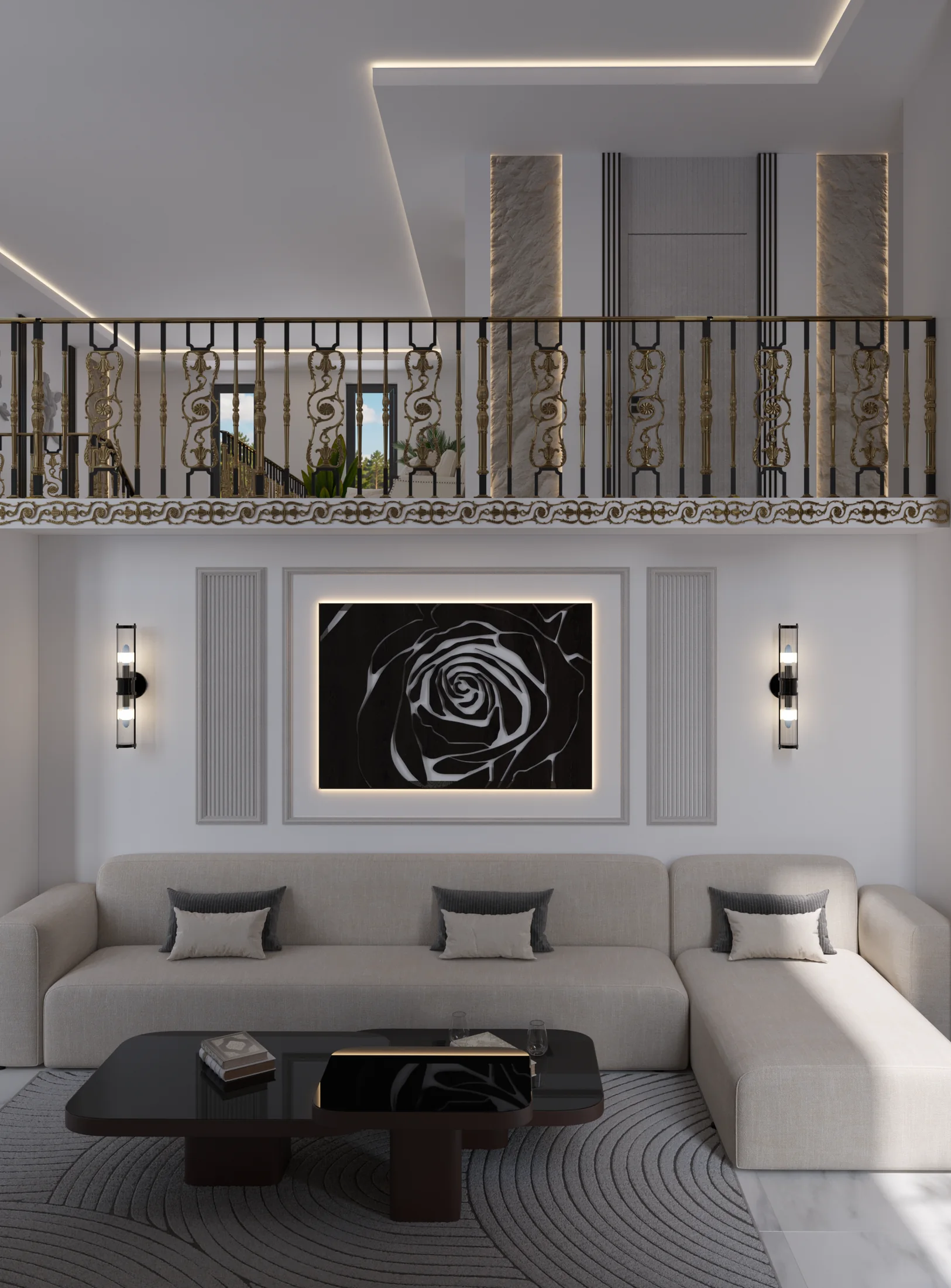 Double-height living room visualization with cream sectional seating, black coffee tables, backlit wall art, and decorative railing.