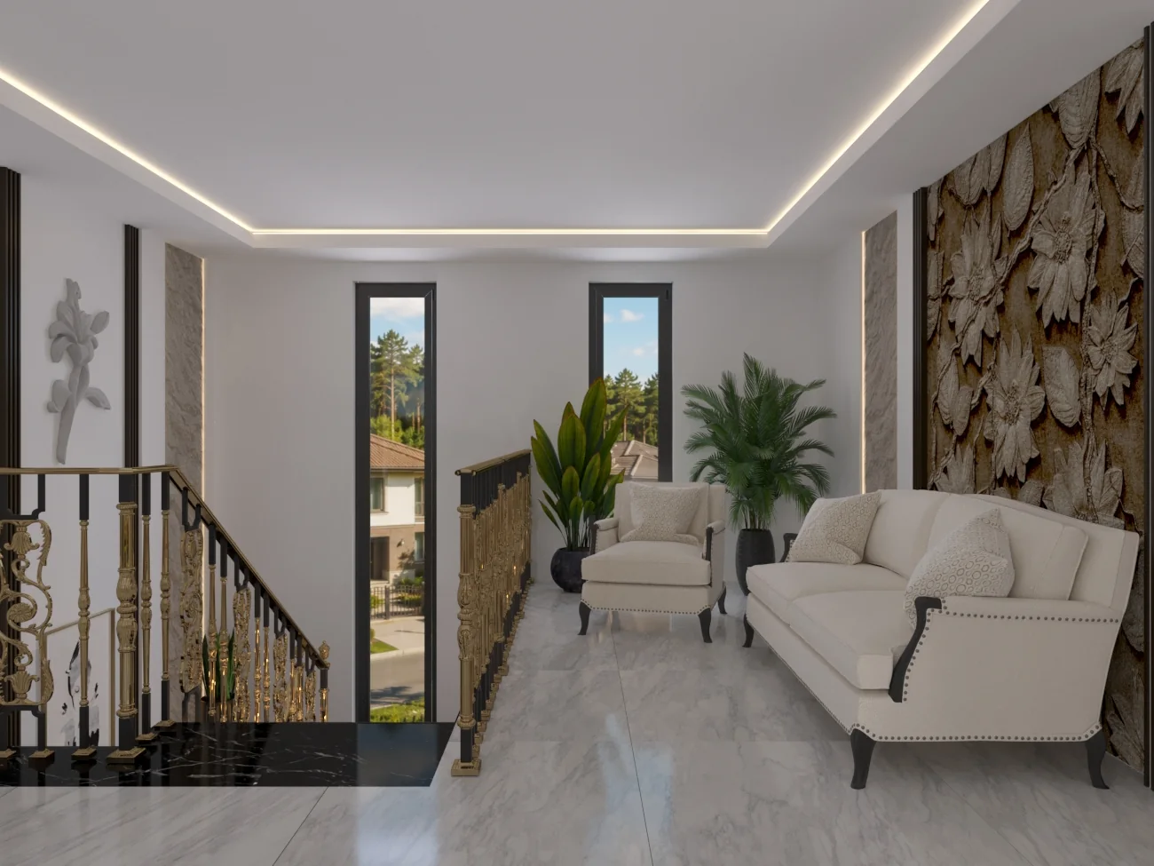 The Stair House upper-floor lounge beside the staircase with cream furniture, tall windows, plants, and textured wall panels.