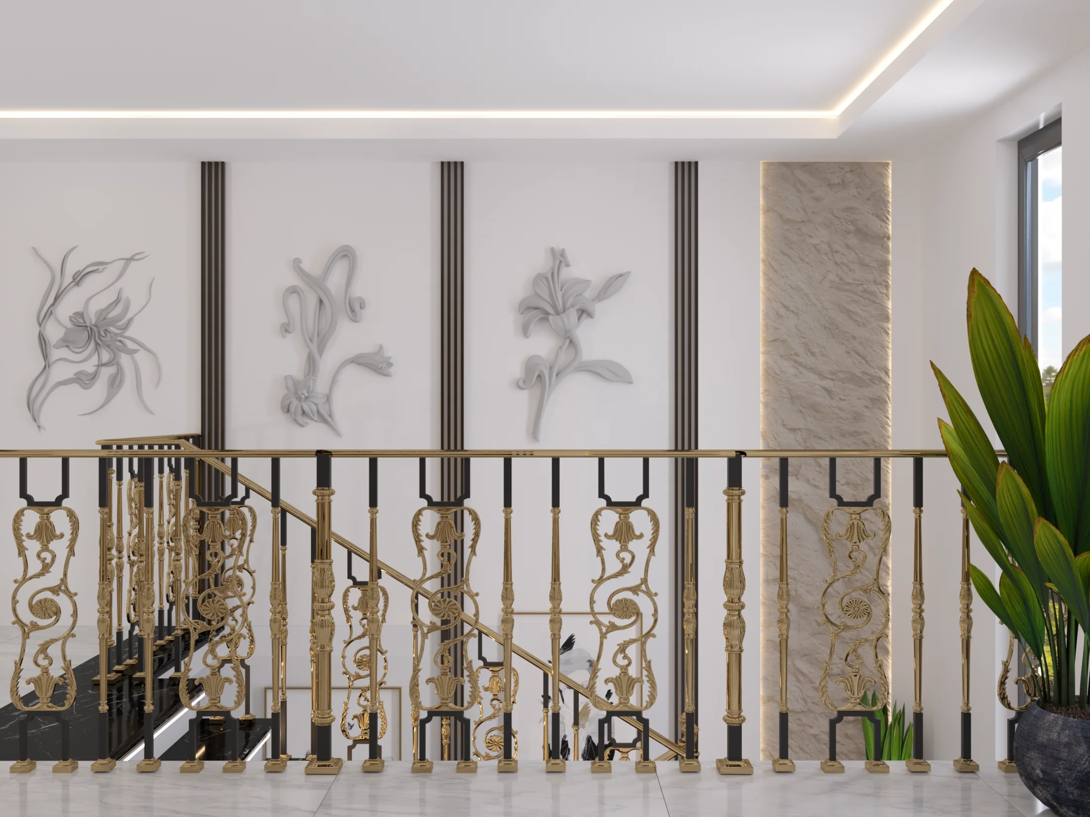 The Stair House upper landing with black-and-gold railing, sculptural wall reliefs, textured stone, and indoor planting.