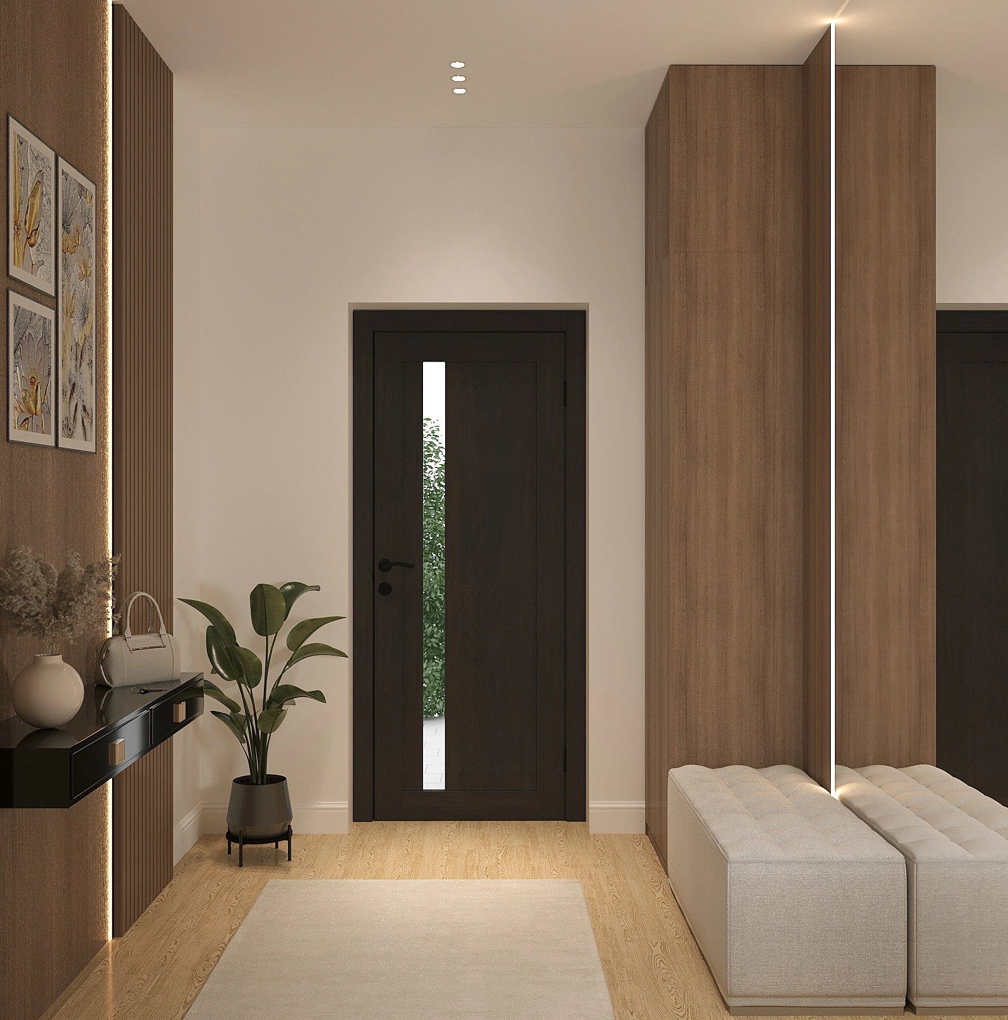 Modern entry hall render with wood paneling, dark door, mirrored wardrobe, bench seating, plant, and console.